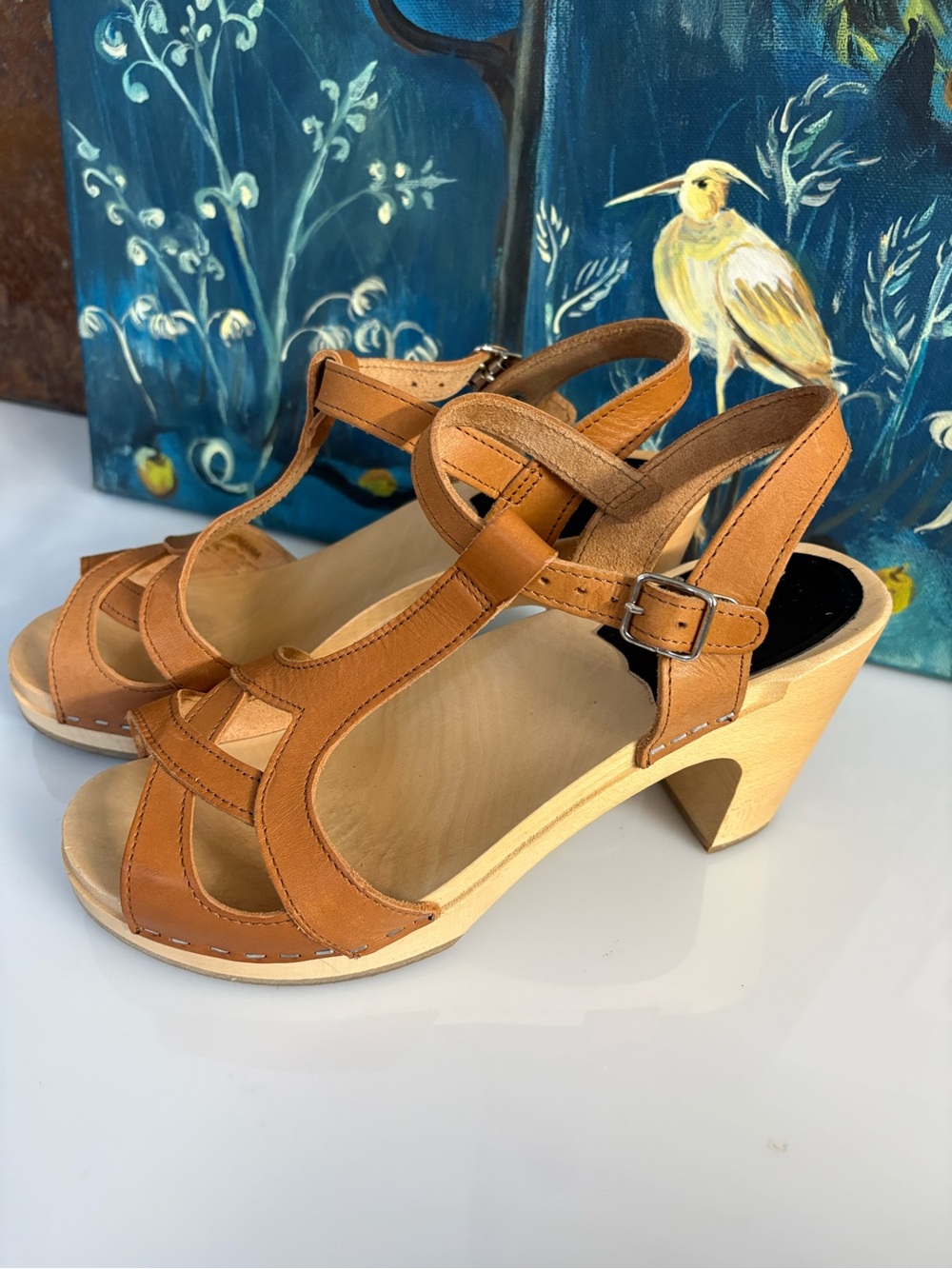 Sweden Tan Leather Wooden-Heel Sandals